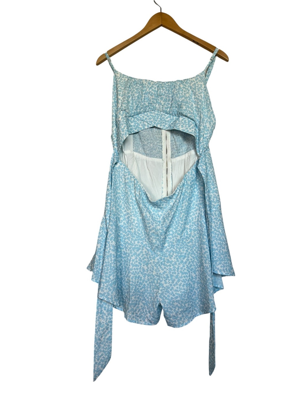Princess Polly Size 12 Blue Floral Open Ab Shorts Romper, Smocked Back and Tie